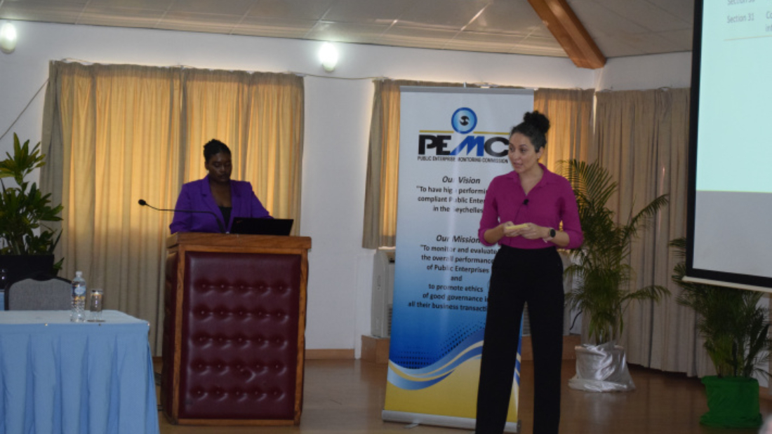 PEMC principal analyst Colette Jean-Louis making a presentation